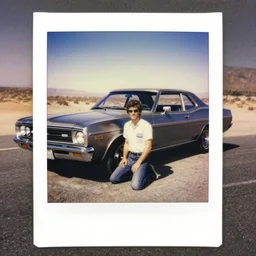 1981 Polaroid Photo of a man kneeling against his 1978 ford mercury on a desert road in California