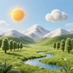 a meadow made of wool, wool mountains in the background, wool trees, wool river, wool sun, wool clouds, wool lighting, an award winning sculpture, hyperrealistic, beautiful, high quality, professional
