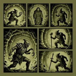 duotone olive comic panel illustrations of ancient catacombs dark fantasy sigils runes magic wizard fighting a _ golem compositi