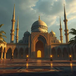 mosque, style artstation, style greg rutkowsk, octane render, unreal engine 6, epic game graphics, fantasy, ciberpunk, conceptual art, ray tracing