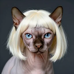 portrait of a hairless cat wearing a wig