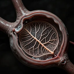 close up of a retina, made of intricate decorative lace leaf skeleton, in the style of the dutch masters and gregory crewdson, dark and moody