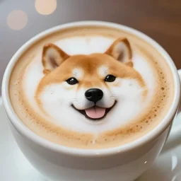 close up photo of a cup of coffee, the foam has a shiba inu face, tasty. food photography, photorealistic, beautiful, bokeh, 4 k.