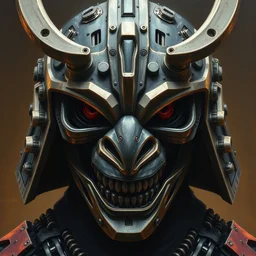 a biomechanical alien robot samurai mask, intense stare, sarcastic smile, symmetrical, concept art, intricate detail, volumetric shadows and lighting, realistic oil painting by tim hildebrandt and greg rutkowski,