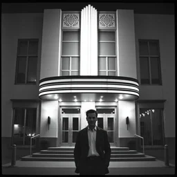 a black and white photo of a man standing in front of a building by mario sironi, pinterest, remodernism, movie still, picasso, art deco