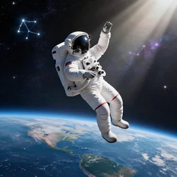 craig mullins and ghibli digital illustration of an astronaut floating!!! in the middle of the cosmos doing jazz!!! improvisation!!, full body!!!, strong contrast, earth, galaxies, ethereal, inviting, bright, raking light from constellations, unreal engine, hyper realism, realistic shading, cinematic composition, realistic render, octane render, detailed textures, photorealistic, wide shot