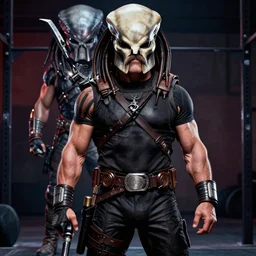 french crossfitter with a mustache standing with Arnold Schwarzenegger in original 1986 Predator, high definition, highly detailed, mattepainting, in the style of a movie poster