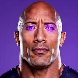 Portrait photography of Dwayne Johnson with glowing purple eyes