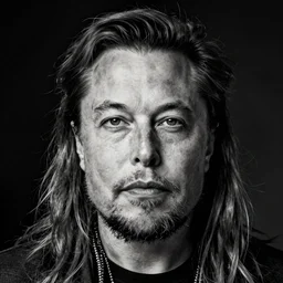 A black and white, high contrast portrait of Elon Musk. He has very long hair and a beard. Looks like an old hippie