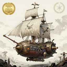 detailed drawing of a steampunk spelljammer flying airship, illustrated by agostino arrivabene, hr giger, wayne barlowe, zdzisław beksiński, antiquity ship, ancient and modern, intricate details, clean linework, spacecraft, magical, sails, dragon