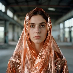 closeup portrait of a woman wrapped in copper cellophane, standing in an abandoned factory, color photograph, by paula rego, canon eos c 3 0 0, ƒ 1. 8, 3 5 mm, 8 k, medium - format print