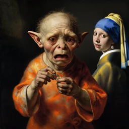 a beautiful painting of gollum holding the ring and crying, by rembrandt and johannes vermeer, rembrandt lighting, beautiful composition and structure, high contrast, high saturation, vivid ember colors, cross hatching featured on artstation, shading study, lighting study, studio lighting