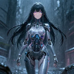full body!!!, digital cyberpunk anime!!, beautiful cyborg girl!!!, rainfall!!, water refractions!!, black long hair!, colorful reflective eyes, full round face!, biomechanical details, mid - shot, reflections, wlop, ilya kuvshinov, artgerm