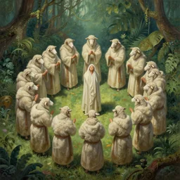 a group of sheep wearing robes standing in a circle, performing a sacrifice, view from above, mysterious jungle painting, elegant intricate digital painting artstation concept art by mark brooks and brad kunkle detailed
