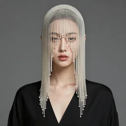 a female character design wearing high fashion, beads hanging over her face like an alexander mcqueen headdress, haute couture, dior, and a red cape by kawase hasui, moebius, edward hopper and james gilleard, steven outram colorful flat design, hd, 8 k, artstation, high quality, ultra detailed