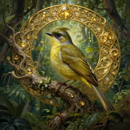 consciousness concept art, lush forest, magic, gnarly details, paradise flycatcher, gold, gems, dramatic lighting, denoised, painted by tom bagshaw, alphonse mucha