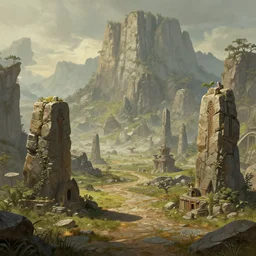 The Sci-Fi stone landscape with large mountains in the background, wallpaper d&d art, fantasy, painted, 4k, high detail, sharp focus