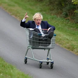 very steep incline | excited boris johnson sitting in a shopping cart rolling downhill | xf iq 4, f / 1. 4, iso 2 0 0, 1 / 1 6 0 s, 8 k, raw, unedited, symmetrical balance, in - frame
