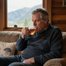 terence hill drinking tea in his mountain cabin, a cute pillow is visible in the couch