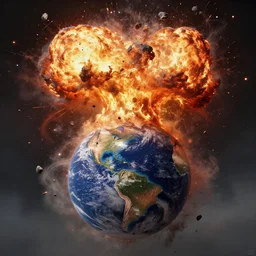 realistic concept art of earth imploding, massive amounts of debris and dust shoots out in a fiery explosion looking like a nebula