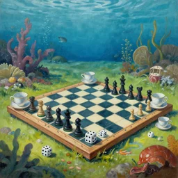 landscape painting of an unusually decorated outdoor chessboards under the sea, dice, teacups