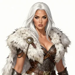 ! dream barbarian, fur leather armor!!! megan fox, beautiful and elegant white hair female!! gorgeous ayes!! character concept art, sharp focus, octane render! unreal engine 5! highly rendered!! trending on artstation!! detailed linework!! illustration by artgerm, wlop, and chie yoshii
