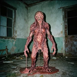 1 9 9 3, disposable camera, flash, old abandoned house, mutant creature standing, meat, ooze, slime, veins, wet