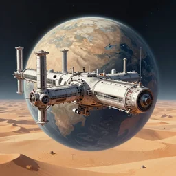 very detailed, ilya kuvshinov, mcbess, rutkowski, illustration of a colossal space station orbiting a desert planet