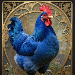 beautiful muscular blue chicken hen centered, artwork by james jean, hyper detailed realistic smooth, jean delville, art nouveau, gustav klimt, ornate gothic icon, james jean, ultrasharp hyperdetailed photorealistic octane render