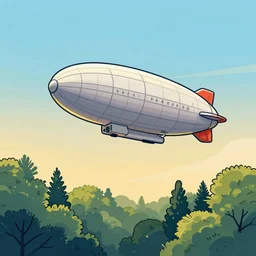 an airship skimming the tree tops at dawn, illustration, bright colors, dark linework