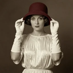 a portrait photo of a 1 9 2 0 s woman wearing a cream - coloured bohemian - style silk crepe dress with a burgundy bucket cloche hat and long cotton gloves, atmospheric lighting, painted, sepia, intricate, ultra detailed by leesha hannigan, thierry doizon, kai carpenter, well composed, best on artstation, cgsociety, epic, stunning, gorgeous, intricate detail, wow, masterpiece