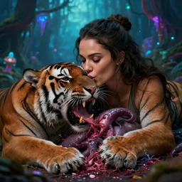 a pack of tigers tearing apart and eating a succubus in an ancient bioluminescent forest, ana de armas, flawless symmetrical pretty cute face kissing ecstacy, greg rutkowski, 8 k, shallow depth of field, intricate detail, concept art,