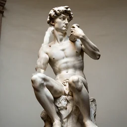 the statue david from michelangelo with his hands on his head posed like the thinker from rodin, sitting and sleeping