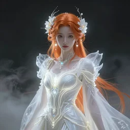 a beautiful majestic young white queen with flowers on her orange hair, glowing light orbs, intricate concept art, elegant, digital painting, smooth, sharp focus, ethereal mist, deep colors, illuminated lines, outrun, vaporware, dark background, cyberpunk darksynth, ethereal, ominous, misty, 8 k, rendered in octane, by ruan jia and miho hirano