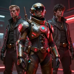 concept art, retro - futurist steampunk pilot, imperious, octane render, artstation, dramatic neon lighting, glowing imperial motifs, red turquoise accents, bladerunner, by gerald brom, james jean, syd mead, akihiko yoshida, cinematic