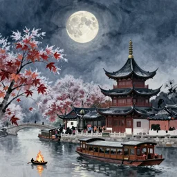 the moon is falling and the sky is full of frost, riverfront maple trees and fishing fire to sleep, hanshan temple outside suzhou city, midnight bell to the passenger ship, watercolor, by wu guanzhong
