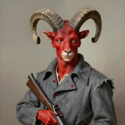 oil portrait handsome young man, crimson skin with white spots, large curved black and white striped ibex horns on a head, tattered slate - gray collared coat with red buttons, old musket in right hand, painted by cushart krentz and greg rutkowski, elegant, morandi color scheme, 8 k resolution, octane render, commission art