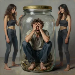 a frightened man sitting inside a jar. whole body visible. beautiful detailed dramatic painting by artgerm and magali villanueve and michael whelan