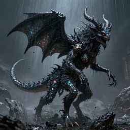 pearlescent black lilith! the demon mother of all monsters!!, covered in iridescent glitter!!, raining ash, fine art masterpiece, highly detailed dino valls wayne barlowe machiej kuciara, dramatic lighting, long shot, side angle, uhd 8 k, sharp focus