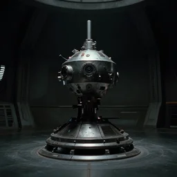 movie film still of a metallic device with in a round room, science fiction, dark