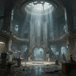 abandoned high tech laboratory, matte painting, futuristic, sci fi, style of jordan grimmer, digital painting, trending on artstation, high detail, volumetric lighting, godrays