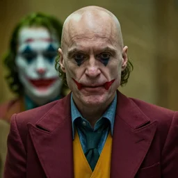 still of Patrick Stewart, bald, as joker in new joker film