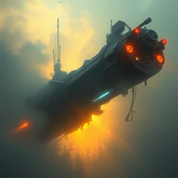 the cyberpunk spaceship emerges from the fog, weathered metal, neon lights, atmospheric lighting, golden hour, intricate painting by greg rutkowski, rhads, ferdinand knab, makoto shinkai lois van baarle, ilya kuvshinov, ruan jia, tom bagshaw