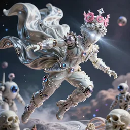 full-body rococo and cyberpunk style porcelain and quartz statue of a young attractive Brasilleiro android novinho gostoso e dotago falling from the sky, glowing white laser eyes, prince crown of pink gears, diamonds, swirling silver-colored silk fabric. futuristic elements. full-length view. space robots. human skulls. intricate artwork by caravaggio. Trending on artstation, octane render, cinematic lighting from the right, hyper realism, octane render, 8k, depth of field, 3D