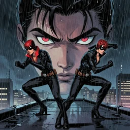 in the style of phil noto comic art, joshua middleton comic art, peyton list black widow, symmetrical face, on a rooftop, symmetrical eyes, rain, night, rain, symmetrical, action pose, artgerm