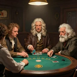 in an old west saloon isaac newton and stephen hawkins and albert einstein playing poker, intricate, highly detailed, centered, digital painting, artstation, concept art, smooth, illustration, muted colors, art by norman rockwell and greg rutkowski and james gurney chuck close