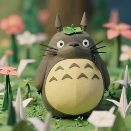 totoro in film still with a full still life film still commercial extreme closeup photo of real - life intricate origami forest planet, perfect eyes, tilt shift real - life origami flower background, cinestill, 8 k