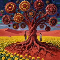 two people in red desert captured by massive intricate mystical roots of in a sea of yellow flowers, surrounded by swirls of prickly flowers, glitched reality, highly detailed, intricate, surreal, painting by Franz Marc, part by Yoji Shinkawa, part by Norman Rockwell