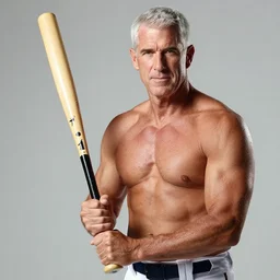 a photo of a shirtless, muscular, mike pence, holding a baseball bat with both hands. professional photo shoot.