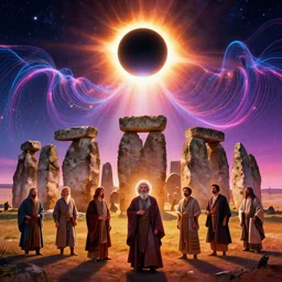 ancient astronomers at megalithic temple under dramatic eclipse, infinite quantum waves, synthwave, bright neon colors, highly detailed, cinematic, robert morello, vladimir kush, philippe druillet, chris foss, bob eggleton, michael whelan, bruce pennington, alfred kelsner, kubrick, jaroslaw jasnikowski